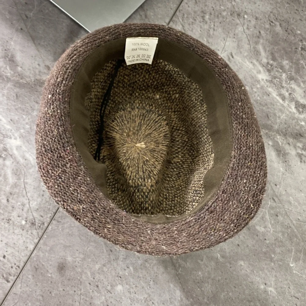 Ladies Fedora Hat 100% Wool Brown Tan Burgundy Stripe‎ 22.5” Circumference